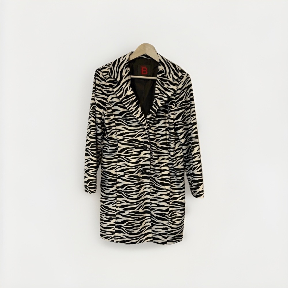 Bernardo Collection Zebra Print Coat Women Sz M Black White Faux Fur Long Jacket